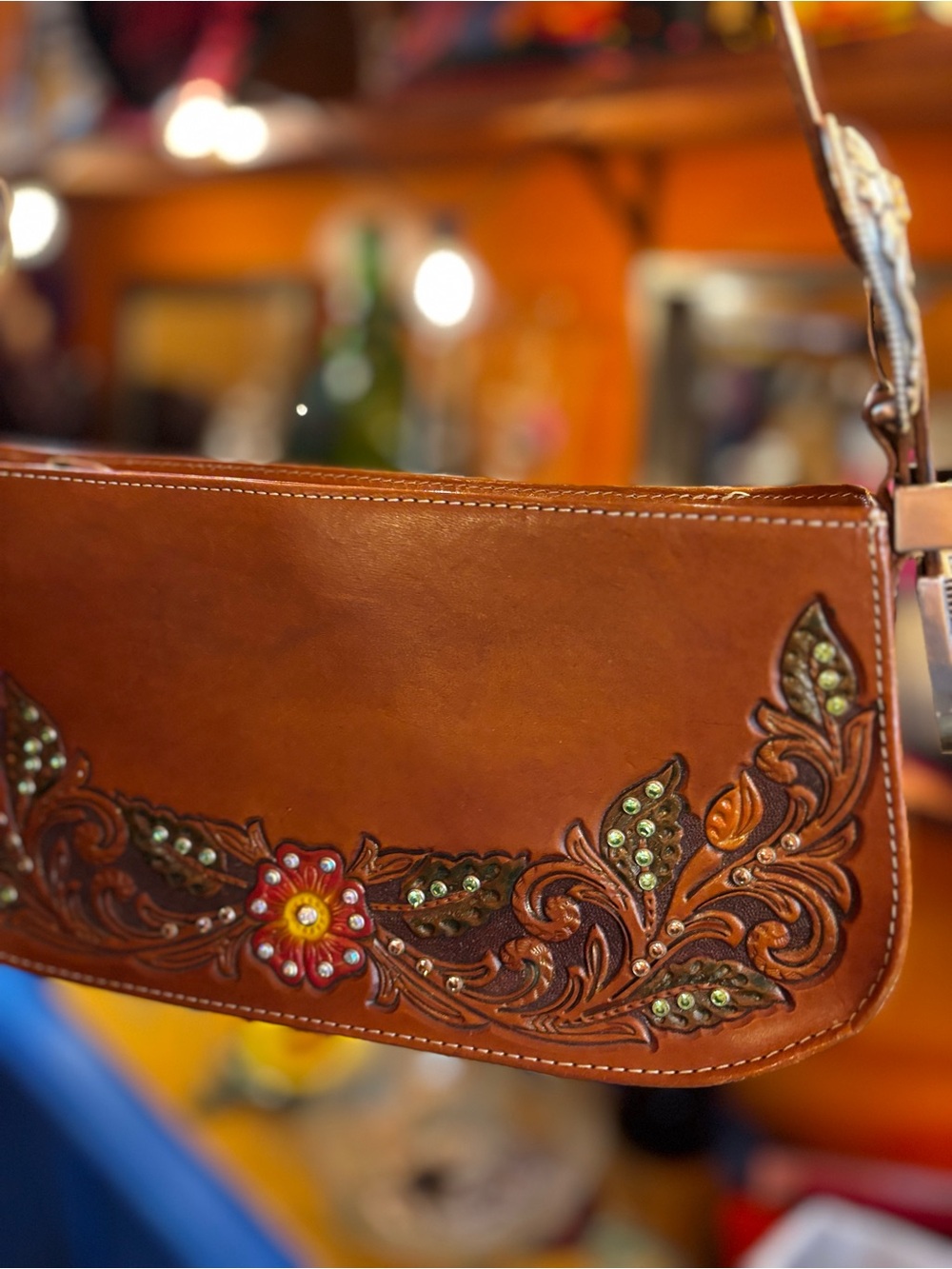Hand-Tooled Floral Brown Leather Crossbody Bag